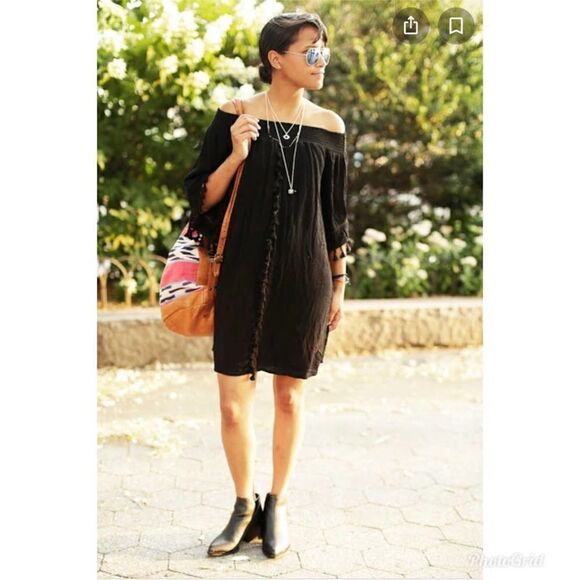 2/$20 Love, Fire Black Off Shoulder Tassel Fringe Boho Dress - Picture 1 of 8